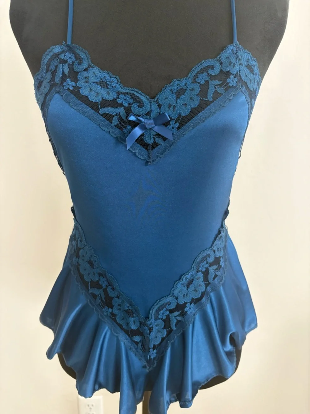 Vtg Silky Navy Blue Lace Trim Slip Romper - Picture 5 of 5